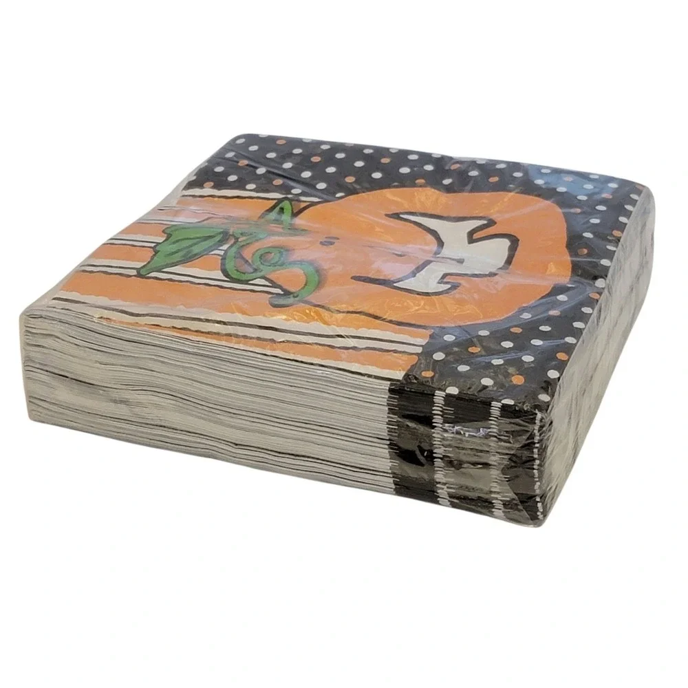 Halloween Napkins 50 Ct Jack O Lantern Luncheon Sz 6.5x6.5 Orange Black Party